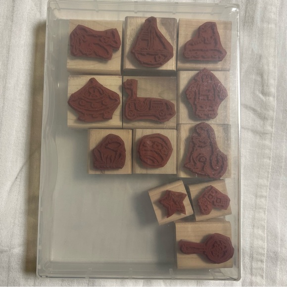 🆕 *RARE* Stampin' Up! Toy Box Child Wooden Block Stamp Set Alien Ball Dinosaur - Picture 3 of 5